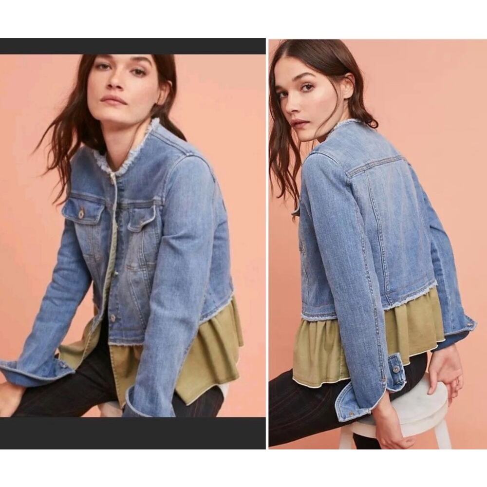 Pilcro and the Letterpress Raw Hem Collarless Flounce Denim Jacket Olive